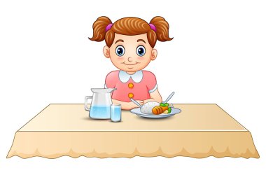 Yemek masada yemek sevimli küçük kız çizgi vektör çizim