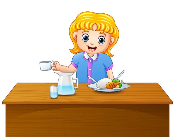 Vectorillustratie Van Schattige Blond Haired Meisje Eten Eettafel — Stockvector