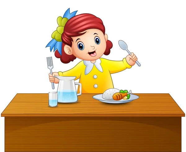 Ilustración Vectorial Niña Feliz Sosteniendo Cuchara Tenedor Comiendo Mesa — Vector de stock