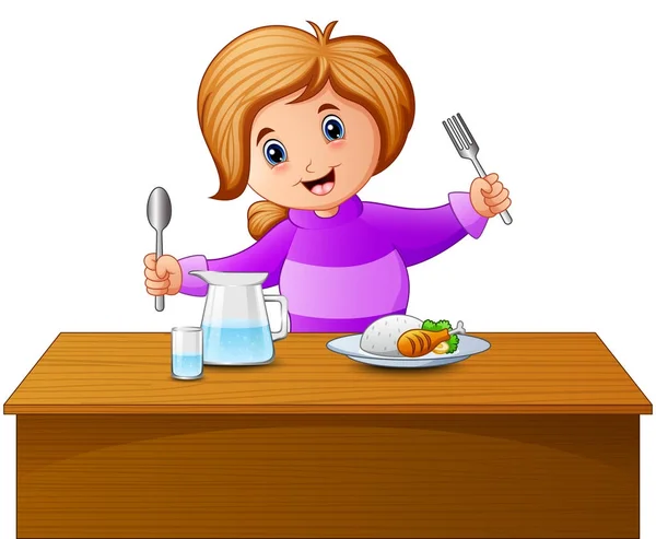 Ilustración Vectorial Niña Feliz Sosteniendo Cuchara Tenedor Comiendo Mesa — Vector de stock