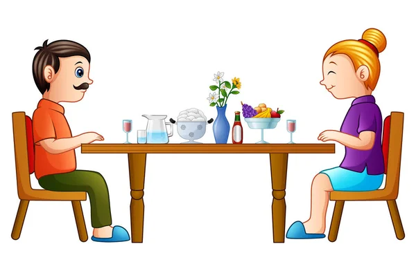 Vektoros Illusztráció Rajzfilm Boldog Apa Anya Étkezés Étkező Asztal — Stock Vector