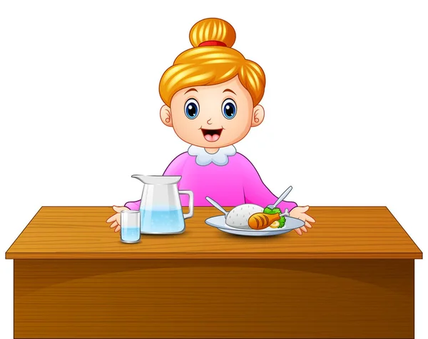 Vektoros Illusztráció Rajzfilm Boldog Szőke Hajú Anya Egészséges Ételek Ebédlőasztal — Stock Vector