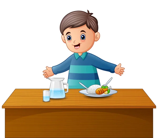 漫画幸せな少年と食卓に健康的な食品のベクトル イラスト — ストックベクタ