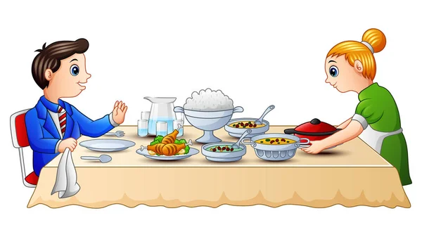 母亲在餐桌上准备食物的矢量插图 — 图库矢量图片