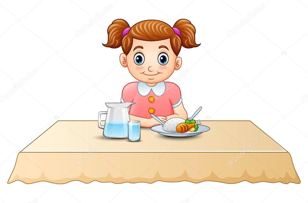 Dibujos: cenando | Ilustración Vector Pequeña Niña Dibujos Animados