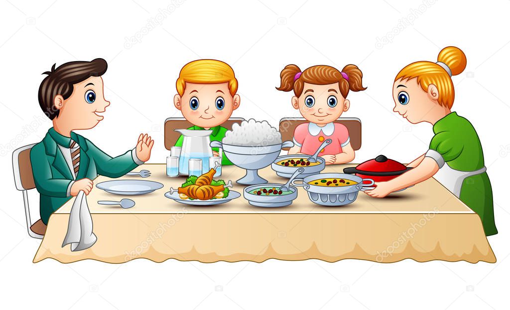 Vector illustration of Happy family eating dinner together on dining table