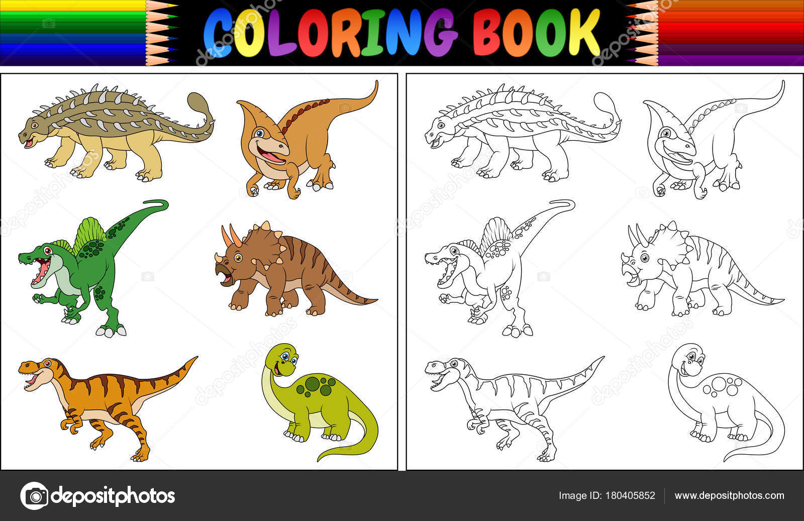 Ilustração Vetorial Livro Colorir Com Coleção Desenhos Animados Dinossauro  imagem vetorial de dualoro© 180405852