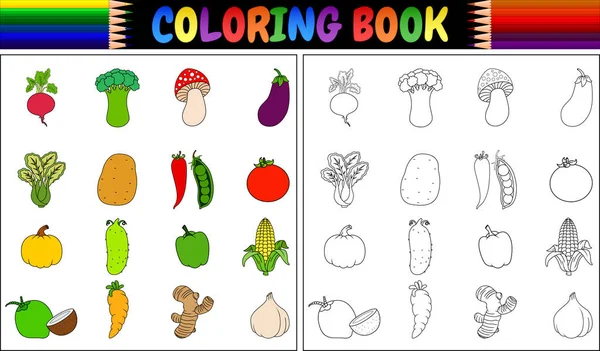 Ilustração Vetorial Livro Para Colorir Com Desenhos Animados Legumes Frescos — Vetor de Stock