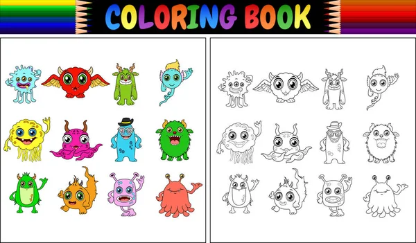 Ilustração Vetorial Livro Para Colorir Com Coleção Desenhos Animados Monstros — Vetor de Stock