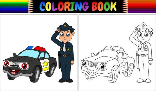 Ilustración Vectorial Del Libro Para Colorear Con Policía Coche Policía — Vector de stock