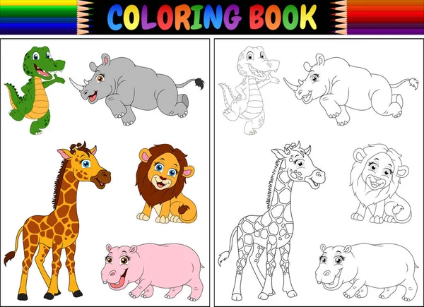 Illustration Vectorielle Livre Colorier Avec Dessin Animé Animaux Sauvages — Image vectorielle