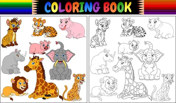 Illustrazione Vettoriale Del Libro Colorare Con Animali Selvatici Cartone Animato — Vettoriale Stock
