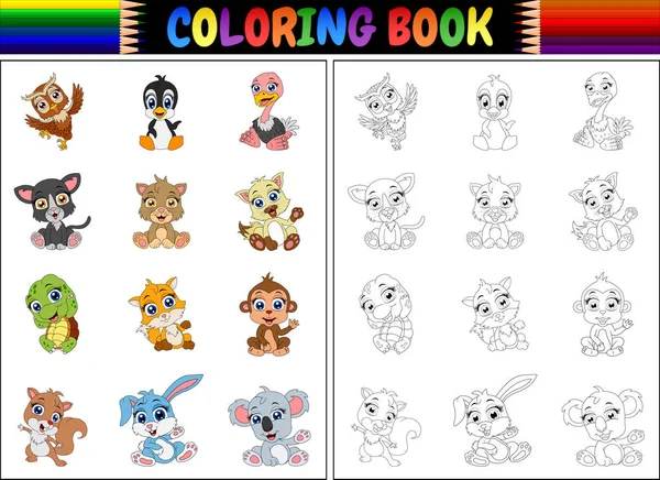 Ilustração Vetorial Livro Para Colorir Com Animais Coleção Desenhos Animados — Vetor de Stock