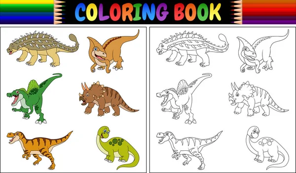 Illustrazione Vettoriale Del Libro Colorare Con Collezione Cartoni Animati Dinosauri — Vettoriale Stock