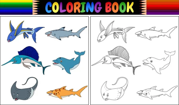 Ilustracja Wektorowa Kolorowanie Książki Morskich Ryb Kolekcji — Wektor stockowy