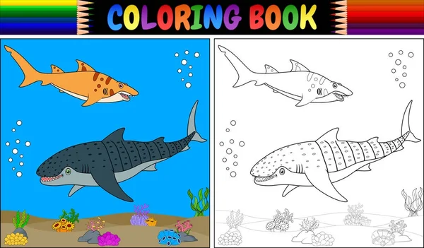 Vektorové Ilustrace Barvení Rezervovat Dvě Kreslené Žralok — Stockový vektor