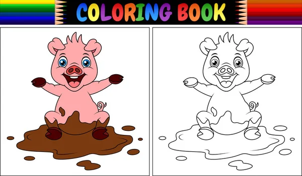 Vektor Ilustrasi Buku Mewarnai Kartun Babi Bermain Kubangan Lumpur - Stok Vektor