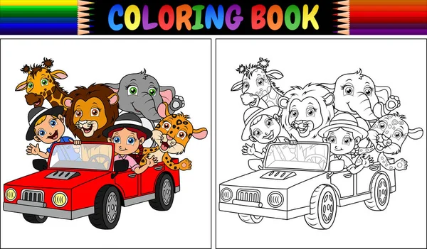 Ilustração Vetorial Livro Colorir Com Crianças Engraçadas Desenhos Animados Animais — Vetor de Stock