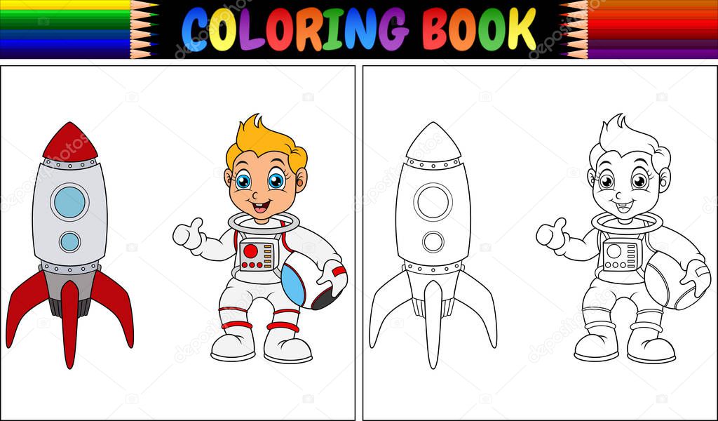 Vector illustration of Coloring book with astronaut kid and rocket ship