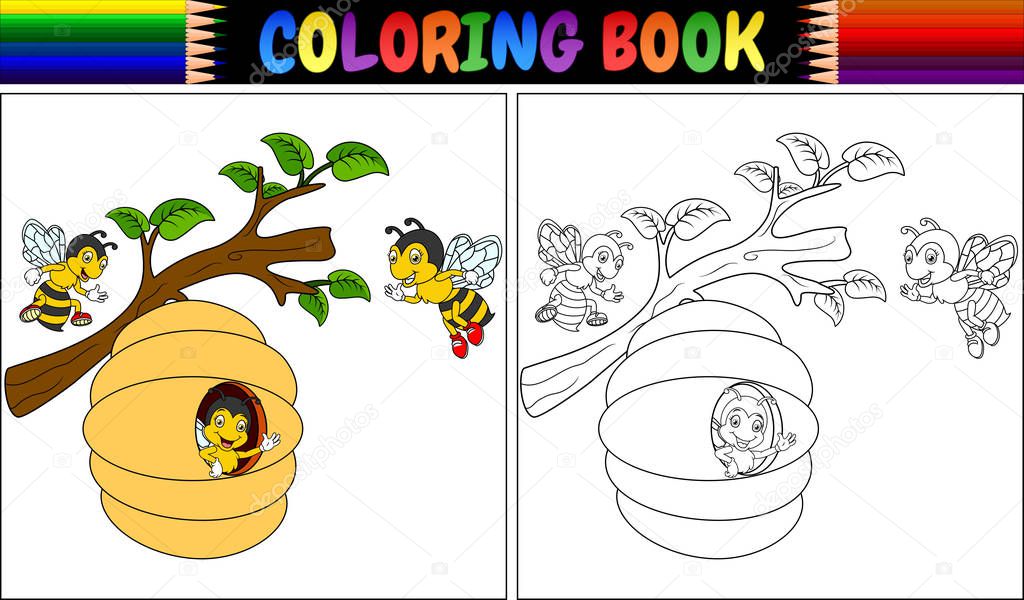 Vector illustration of Coloring book cartoon bees