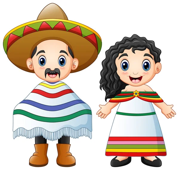 Illustration Vectorielle Couple Mexicains Dessins Animés Portant Des Costumes Traditionnels — Image vectorielle