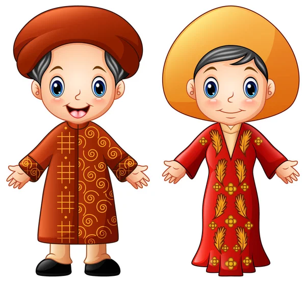 Illustration Vectorielle Couple Cartoon Vietnam Vêtu Costumes Traditionnels — Image vectorielle