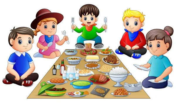 Vector Εικονογράφηση Της Ευτυχισμένη Οικογένεια Έχοντας Δείπνο Μαζί Απομονώνονται Λευκό — Διανυσματικό Αρχείο