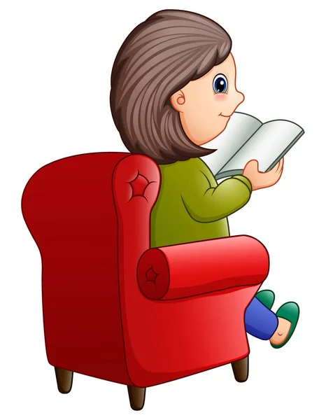 女性の赤いソファで本を読んで座っているのベクトル イラスト — ストックベクタ