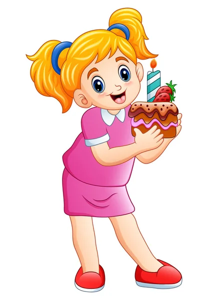 Illustrazione Vettoriale Della Bambina Sorridente Che Tiene Torta Compleanno Isolata — Vettoriale Stock