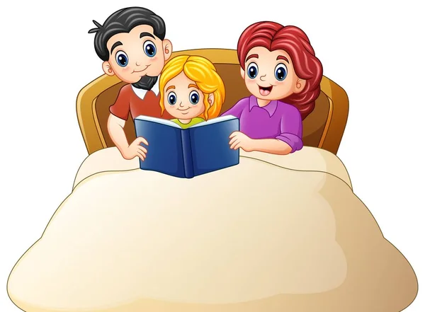 Ilustração Vetorial Família Lendo Livro Para Filha Cama Fundo Branco —  Vetores de Stock