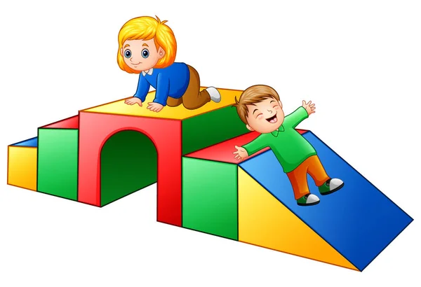 Vector Εικονογράφηση Της Ευτυχής Παιδιά Παίζουν Στην Παιδική Χαρά — Διανυσματικό Αρχείο