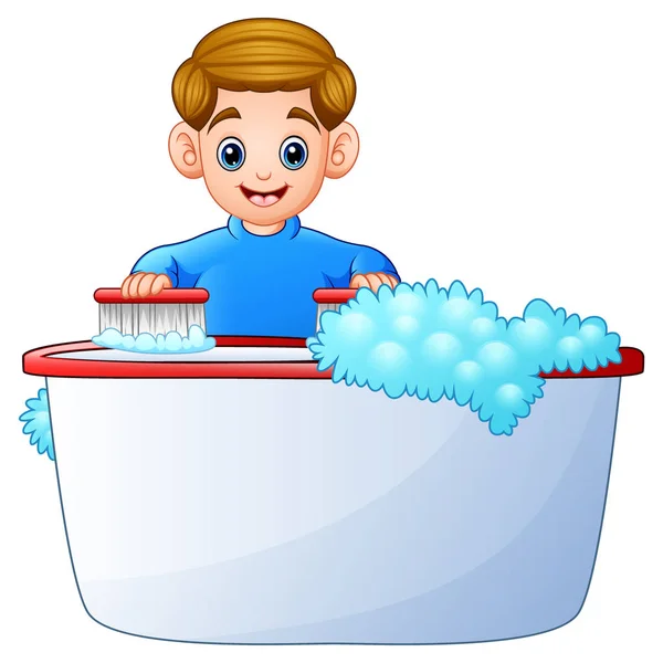 在白色背景下快乐男孩清洁浴缸的矢量插图 — 图库矢量图片