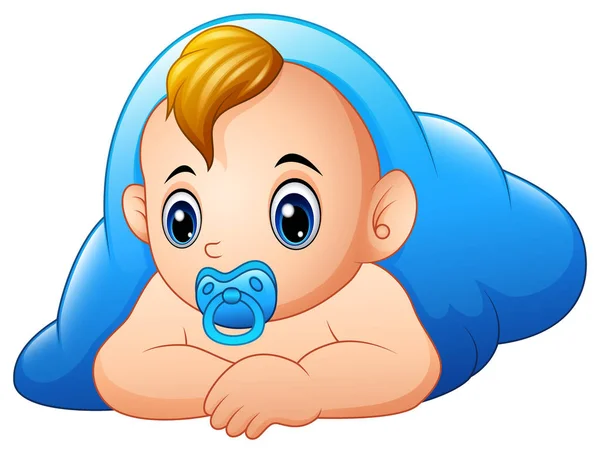 Vector Illustration Funny Baby Pacifier Lying Blue Blanket — Stock Vector