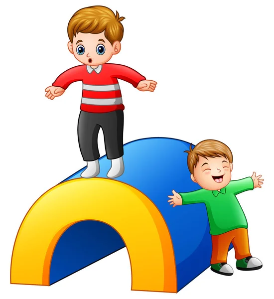 Vektor Illustration Von Zwei Jungen Die Auf Dem Spielplatz Spielen — Stockvektor