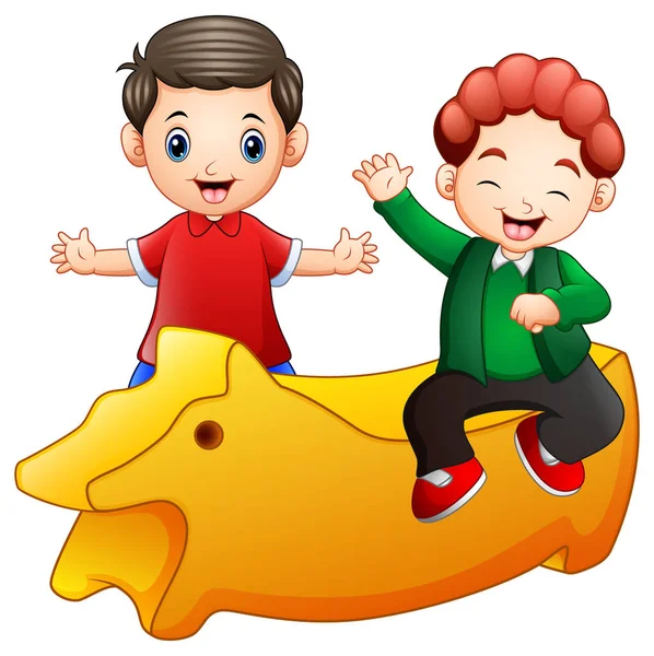 Vektor Illustration Von Glücklichen Kleinen Zwei Kindern Mit Einem Gelben — Stockvektor