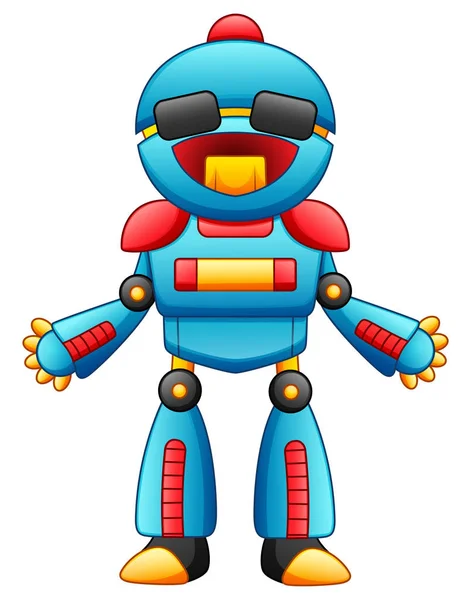 Vector Cute Cartoon Robot Karakter Met Zonnebril Geïsoleerd Witte Achtergrond — Stockvector