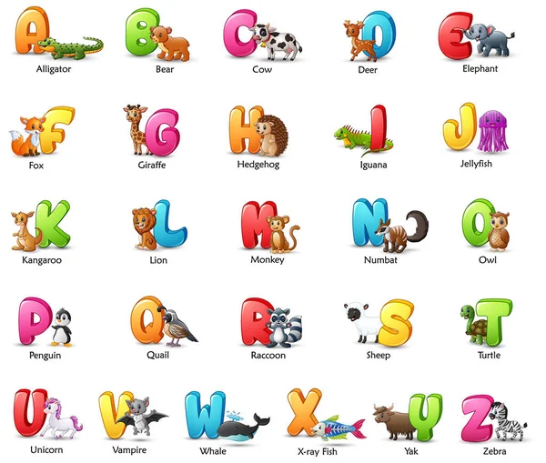 Ilustración Vectorial Del Alfabeto Colorido Dibujos Animados Con Diferentes Animales — Vector de stock