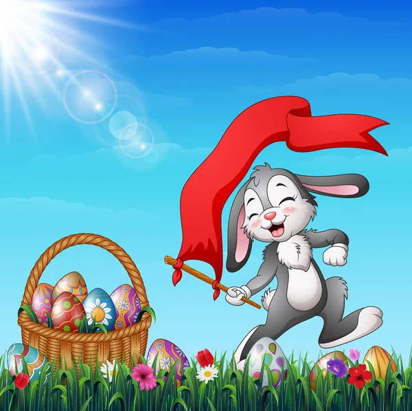 Ilustración Vectorial Conejito Pascua Dibujos Animados Con Bandera Roja Con — Vector de stock