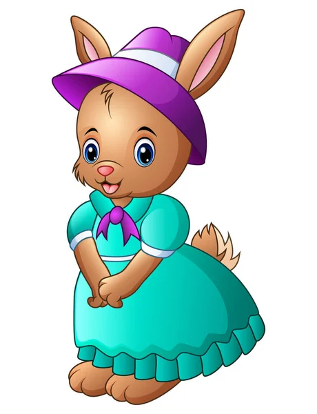 Vector Illustration Cartoon Rabbit Wearing Blue Dress Purple Hat — Stock Vector
