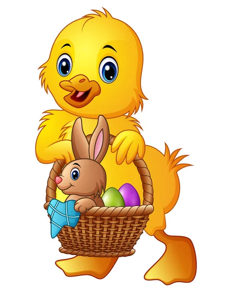 Vector Illustration Cartoon Baby Duck Carrying Little Rabbit Eggs Basket — Stock Vector