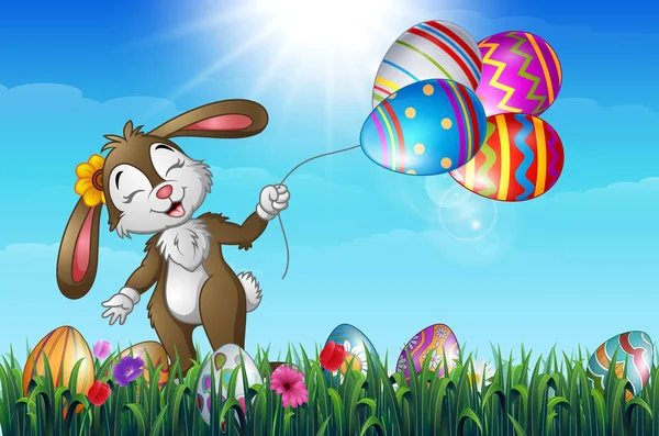 Ilustración Vectorial Conejito Pascua Sonriente Sosteniendo Coloridos Huevos Pascua Estilo — Vector de stock