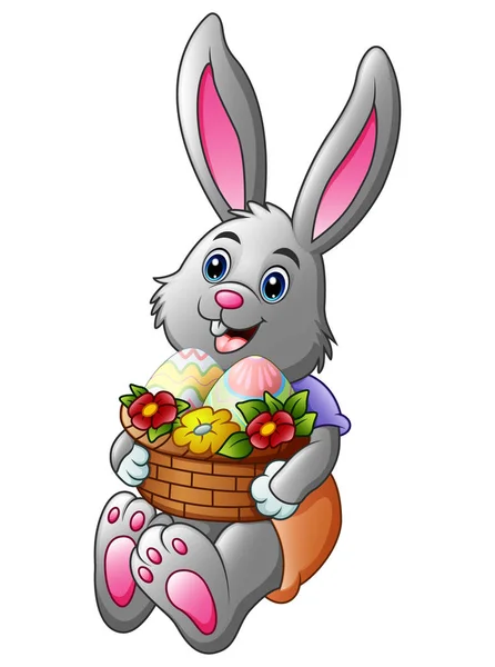 Vector Illustration Cartoon Easter Bunny Holding Basket Full Eggs — Stock Vector