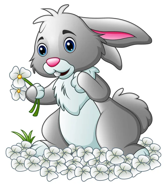 Vector Illustration Cartoon Rabbit White Flowers Background — Stock Vector