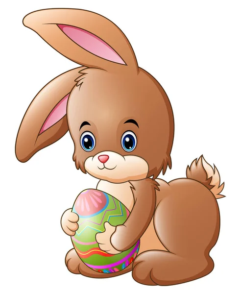Vector Illustration Cute Little Bunny Holding Decorated Easter Egg — Stock Vector