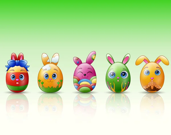 Vector Illustration Set Easter Eggs Cartoon Character Bunnies Ears Green — Stock Vector