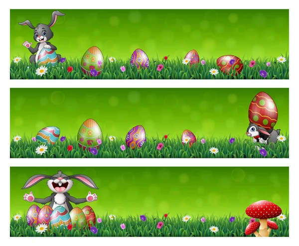 Ilustración Vectorial Pascua Tres Pancartas Con Huevos Pascua Conejos Felices — Vector de stock