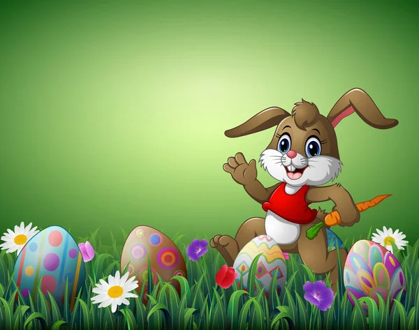 Ilustración Vectorial Dibujos Animados Conejo Feliz Con Zanahoria Huevos Pascua — Vector de stock
