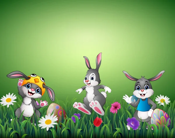 Ilustración Vectorial Tres Dibujos Animados Felices Con Huevos Pascua Decorados — Vector de stock