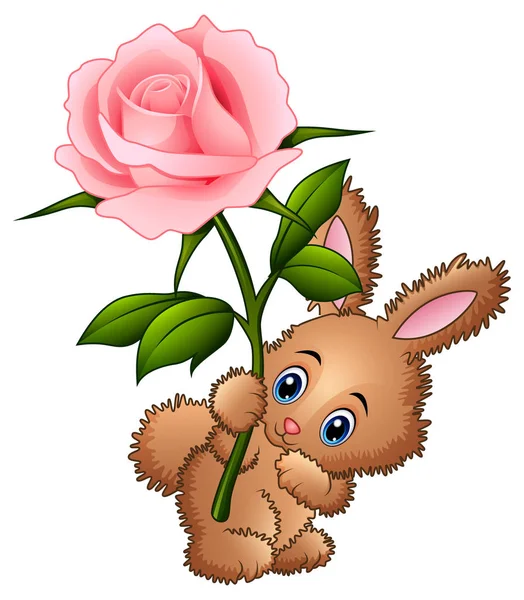 Vektor Illustration Von Niedlichen Kleinen Kaninchen Karikatur Hält Eine Blume — Stockvektor