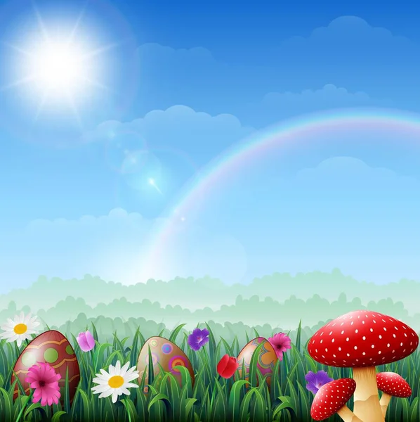 Ilustracja Wektorowa Tło Wielkanoc Wiosna Pisanki Trawie Kwiatami Czerwony Grzyb — Wektor stockowy